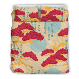 Red Bonsai Gray Sun Japanese Pattern  Bedding Set