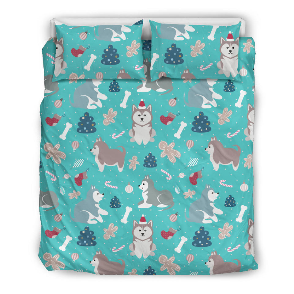 Christmas Cute Siberian Husky Puppie Pattern Bedding Set