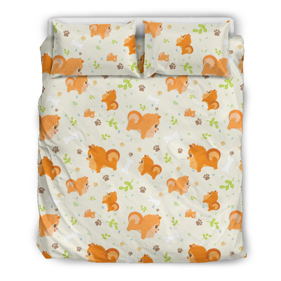 Cute Brown Pomeranian Paw Leave Bone Pattern Bedding Set