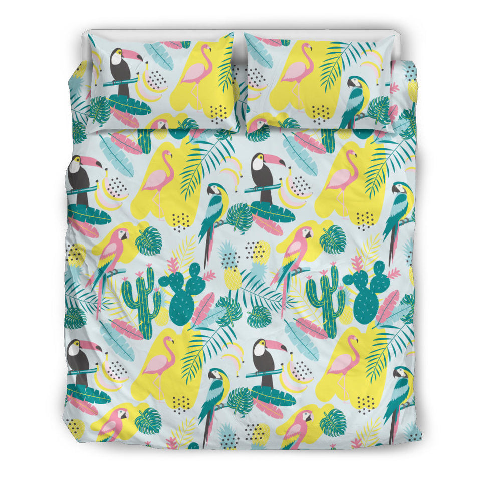 Cute Parrot Toucan Flamingo Cactus Exotic Leaves Pattern Bedding Set