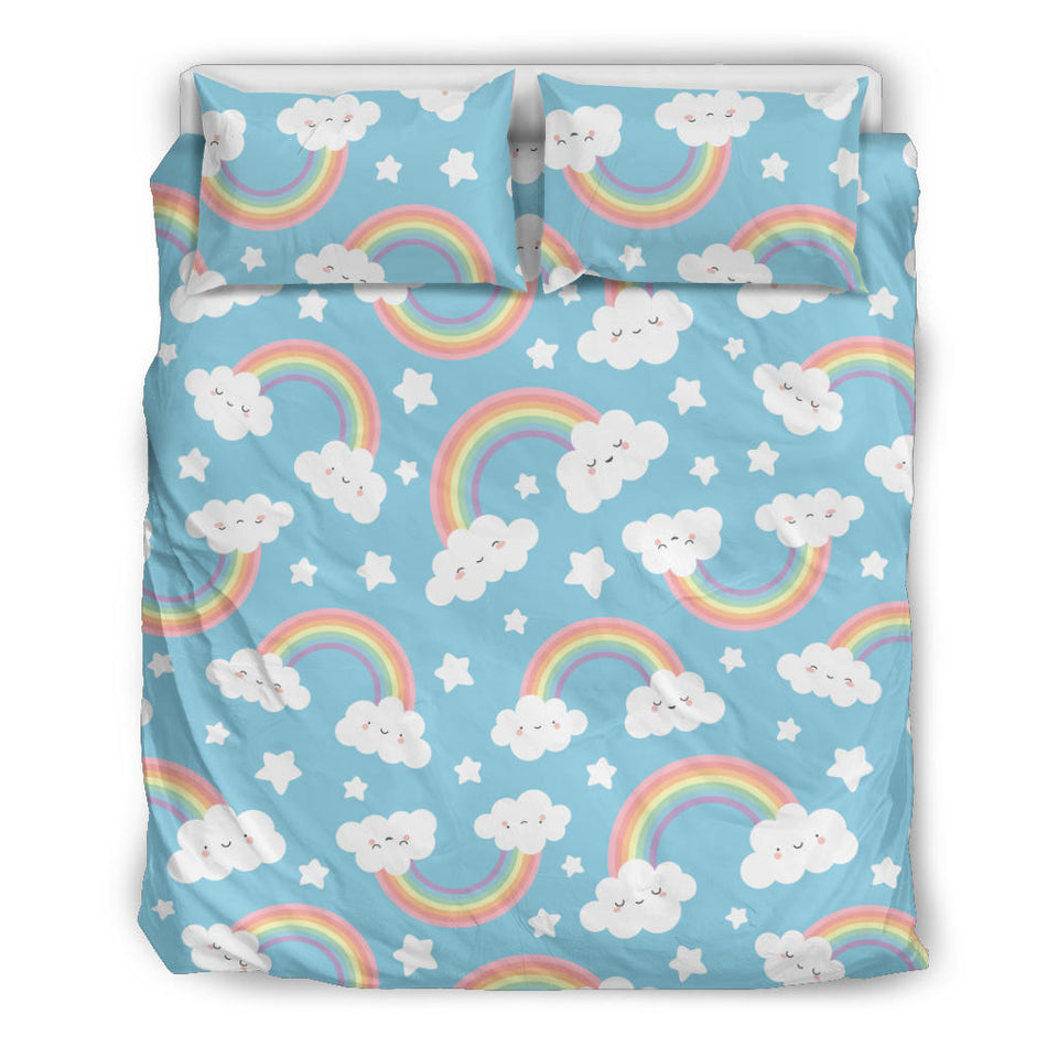 Cute Rainbow Clound Star Pattern Blue Background Bedding Set