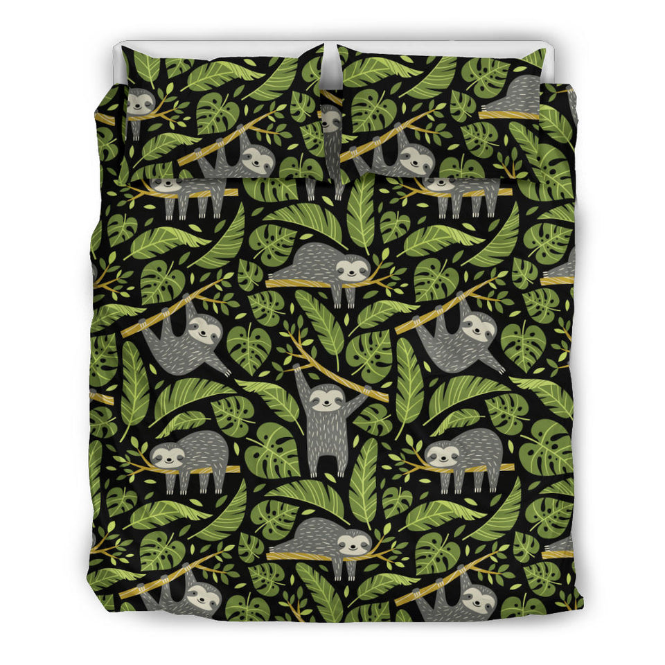Cute Sloths Tropical Palm Leaves Black Background Bedding Set