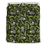 Cute Sloths Tropical Palm Leaves Black Background Bedding Set