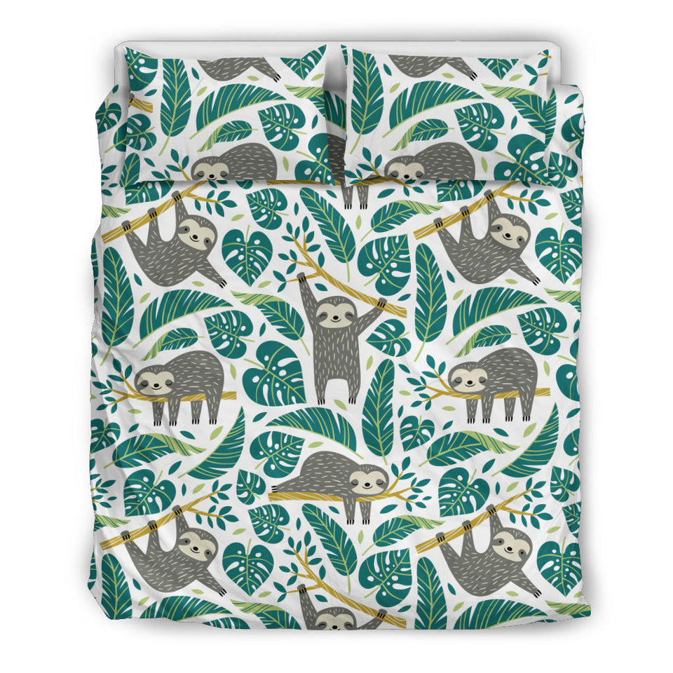 Cute Sloths Tropical Palm Leaves White Background Bedding Set