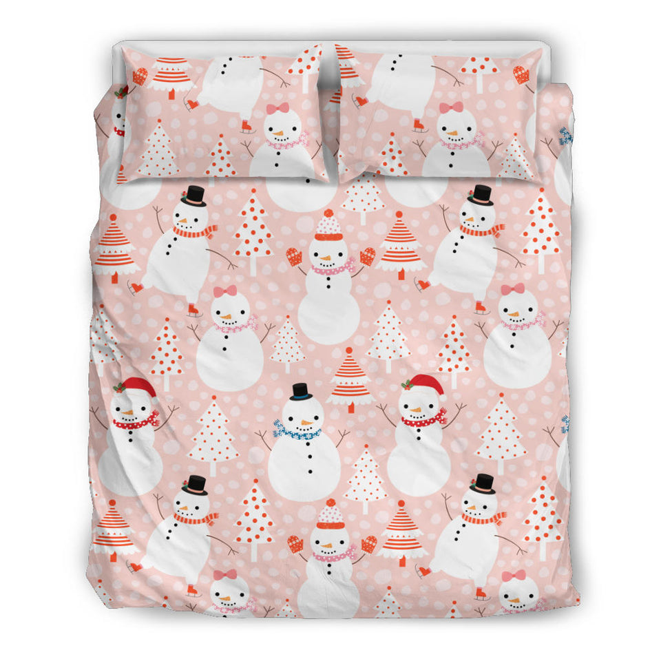 Cute Snowman Christmas Tree Snowpink Background Bedding Set