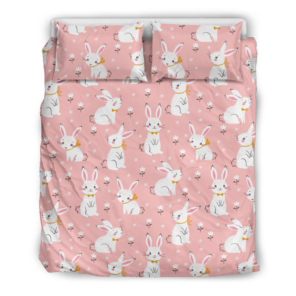 Cute White Rabbit Flower Pink Background Bedding Set