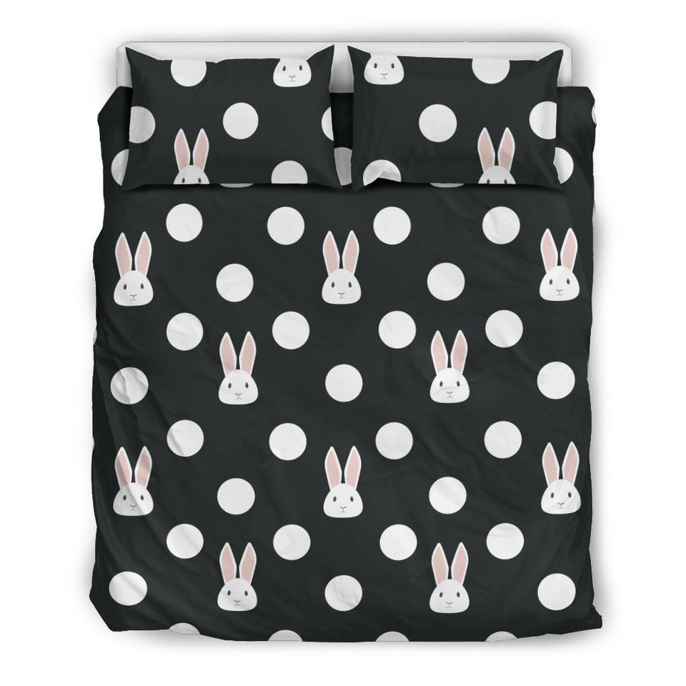Cute White Rabbit Polka Dots Black Background Bedding Set