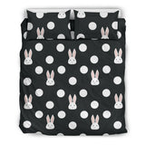 Cute White Rabbit Polka Dots Black Background Bedding Set