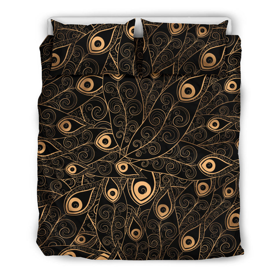 Gold Peacock Feather Pattern Bedding Set