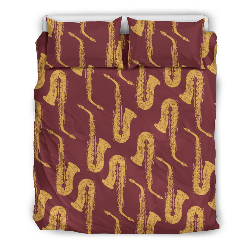 Hand Drawn Gold Saxophone Red Background  Bedding Set