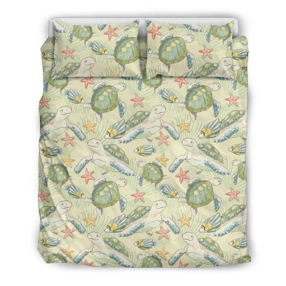 Hand Drawn Sea Turtle Fish Pattern Bedding Set