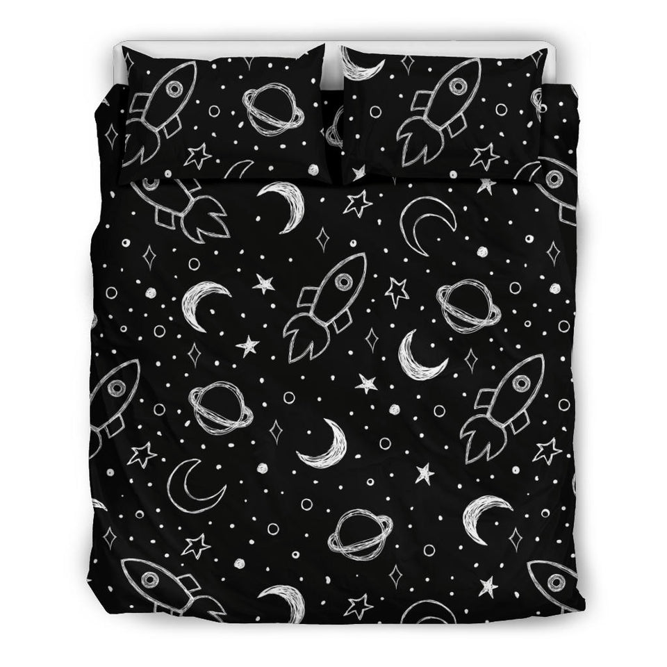 Hand Drawn Space Rocket Star Planet Bedding Set