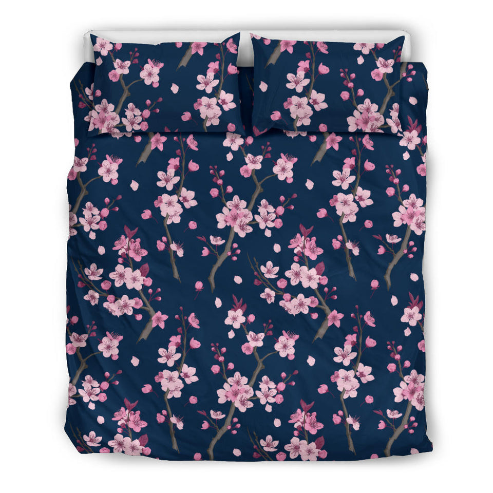 Pink Sakura Cherry Blossom Blue Background Bedding Set