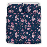Pink Sakura Cherry Blossom Blue Background Bedding Set