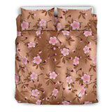 Pink Sakura Cherry Blossom Drak Brown Background Bedding Set
