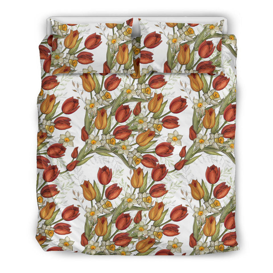 Red Tulips And Daffodils Pattern Bedding Set