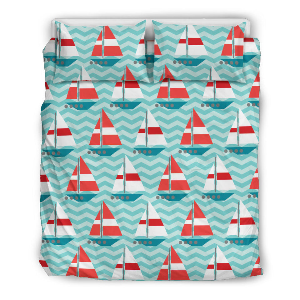 Red White Sailboat Wave Background Bedding Set