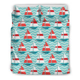 Red White Sailboat Wave Background Bedding Set