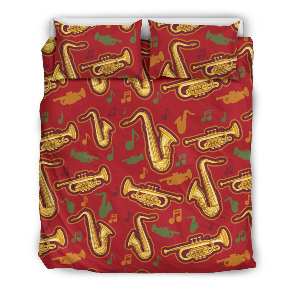 Saxophone Cornet Pattern Red Background Bedding Set
