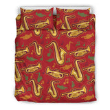 Saxophone Cornet Pattern Red Background Bedding Set