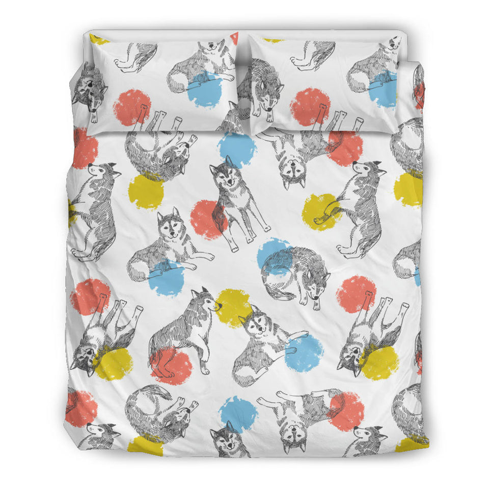 Siberian Husky And Colorful Circle Pattern Bedding Set