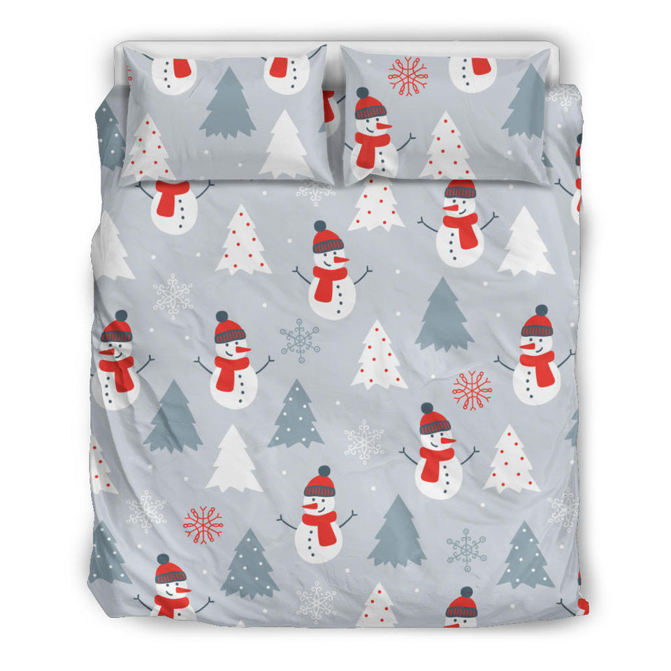 Snowman Christmas  Tree Snow Gray Background Bedding Set