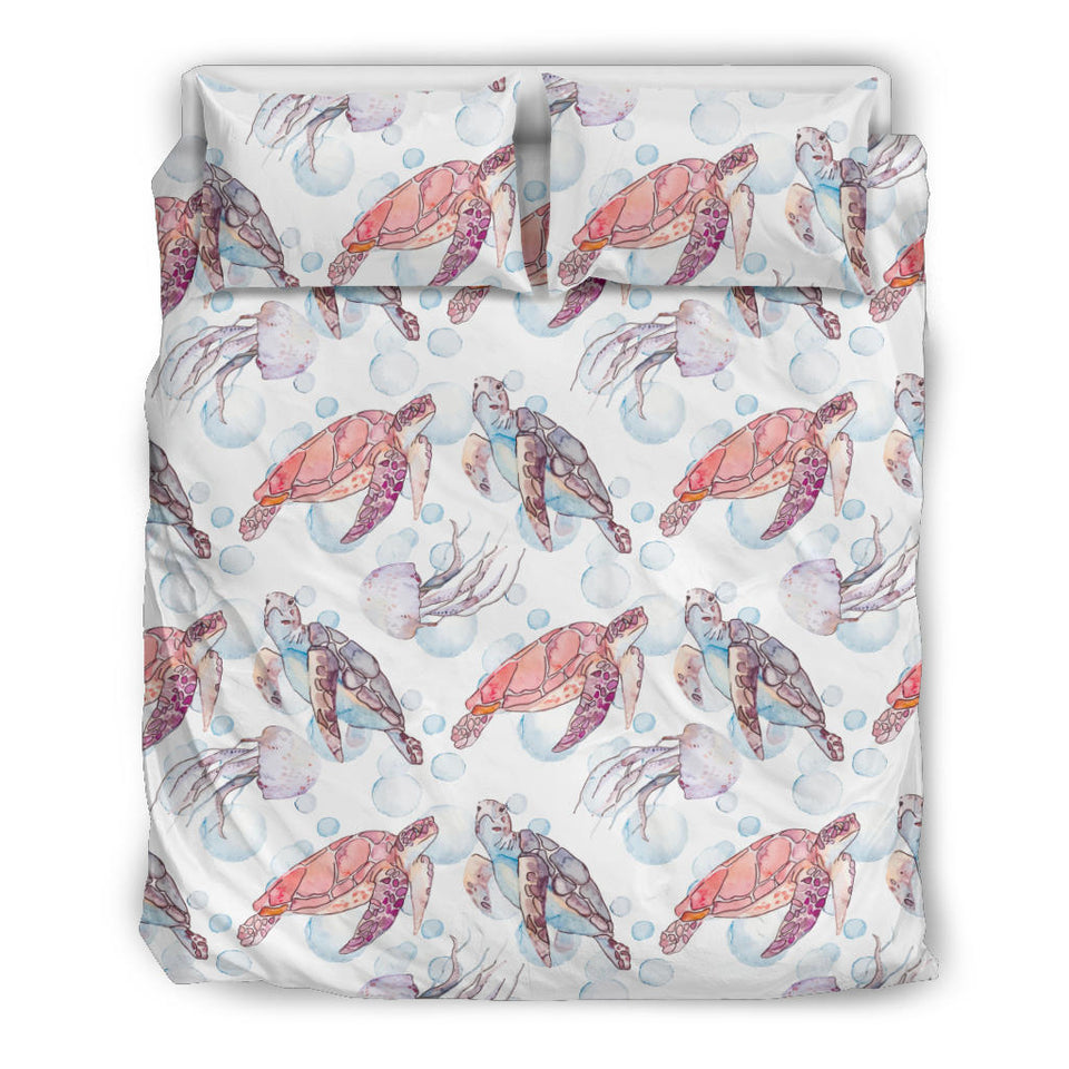 Watercolor Sea Turtle Jellyfish Pattern Bedding Set