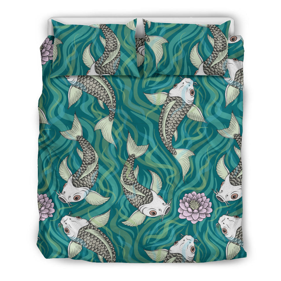 Koi Fish Carp Fish Lotus Pattern Bedding Set