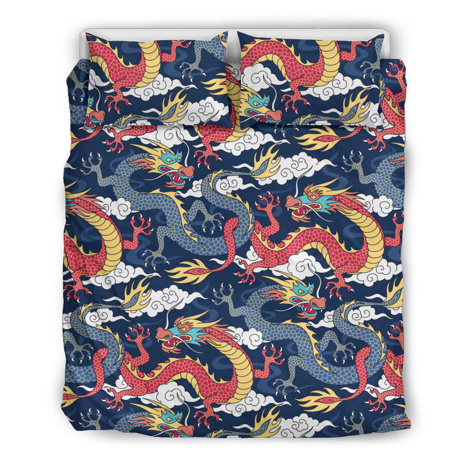 Blue Red Dragon Cloud Pattern Bedding Set
