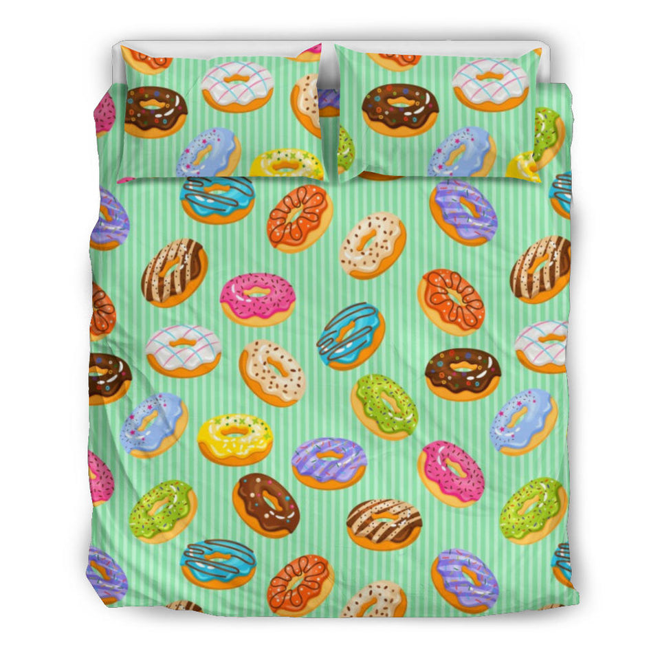 Colorful Donut Pattern Green Background Bedding Set