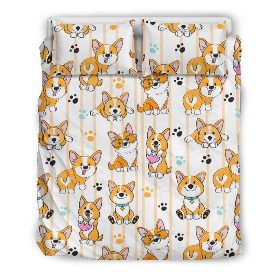 Cute Dog Corgi Striped Background Pattern Bedding Set