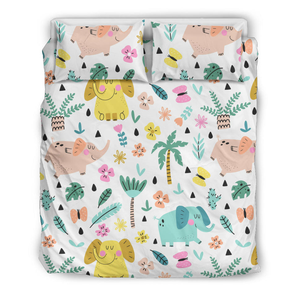 Cute Elephants Palm Tree Flower Butterfly Pattern Bedding Set