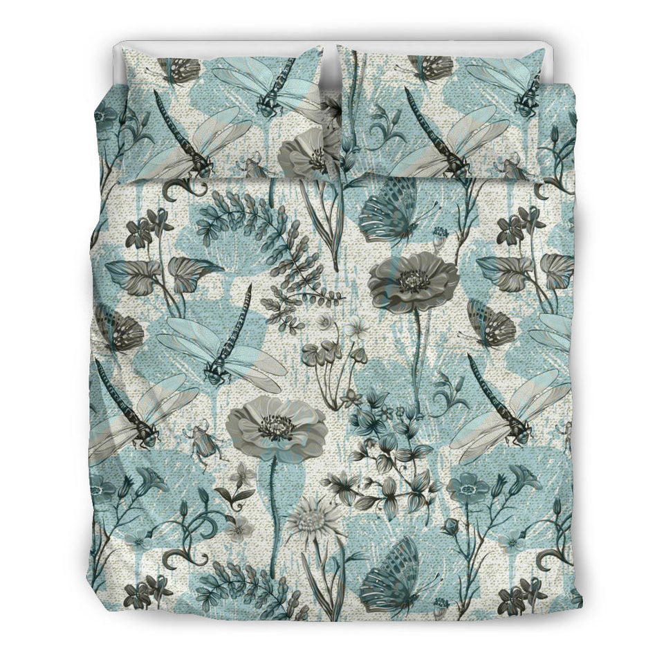 Dragonfly Butterfly Plants Insect Flower Vintage Style Pattern Bedding Set