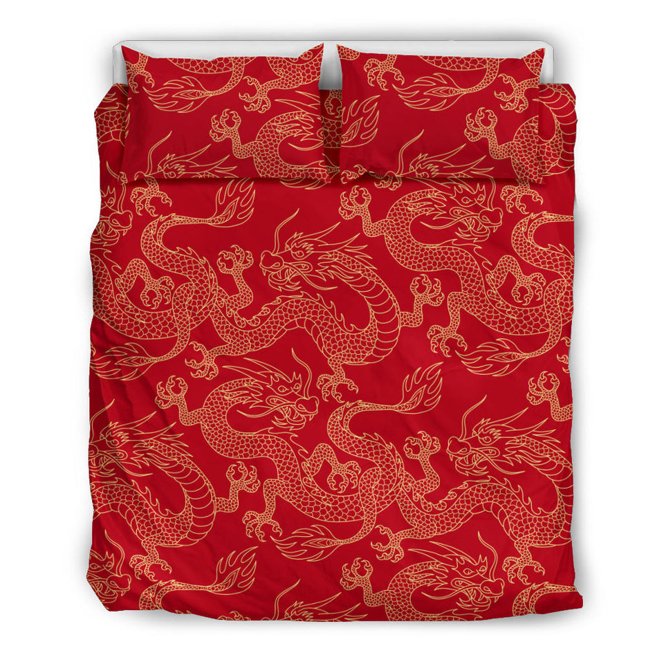Gold Dragons Red Background Bedding Set