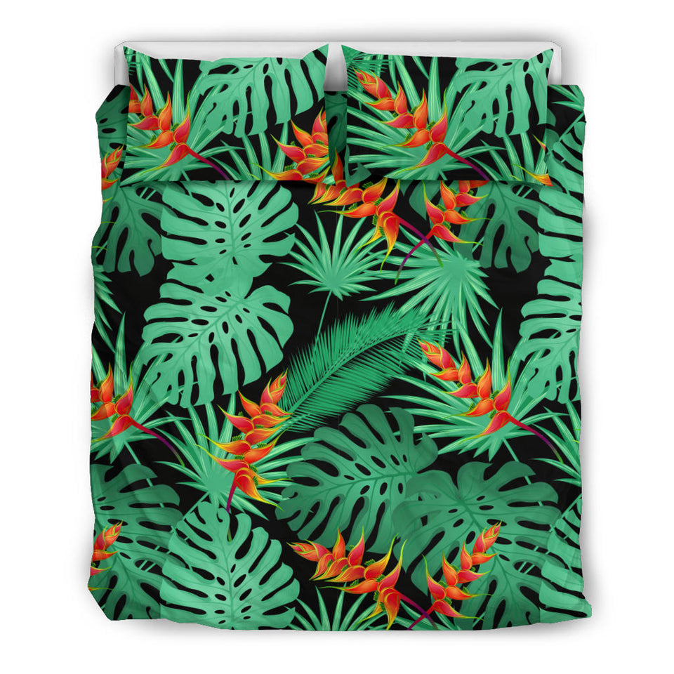 Heliconia Flower Palm Monstera Leaves Black Background Bedding Set