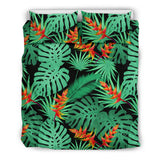 Heliconia Flower Palm Monstera Leaves Black Background Bedding Set