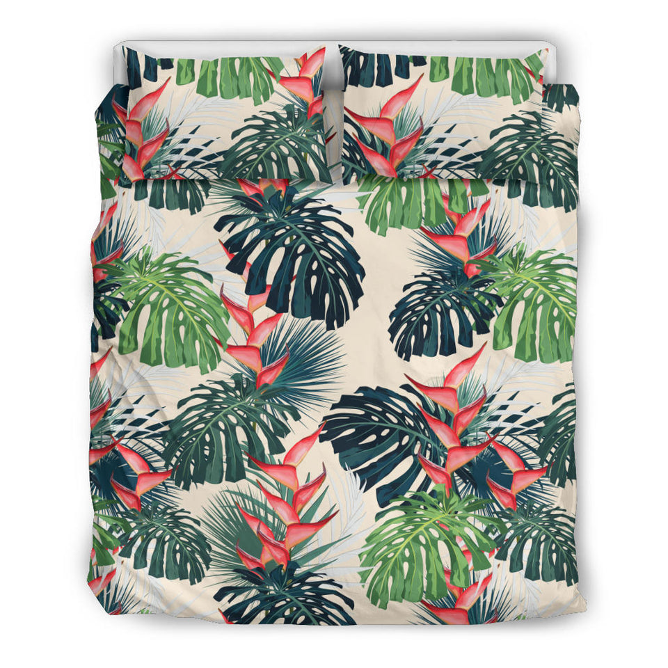 Heliconia Flowers, Palm And Monstera Leaves Bedding Set