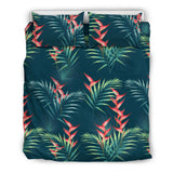 Heliconia Flowers, Palm And Monstera Leaves On Black Background Pattern Bedding Set