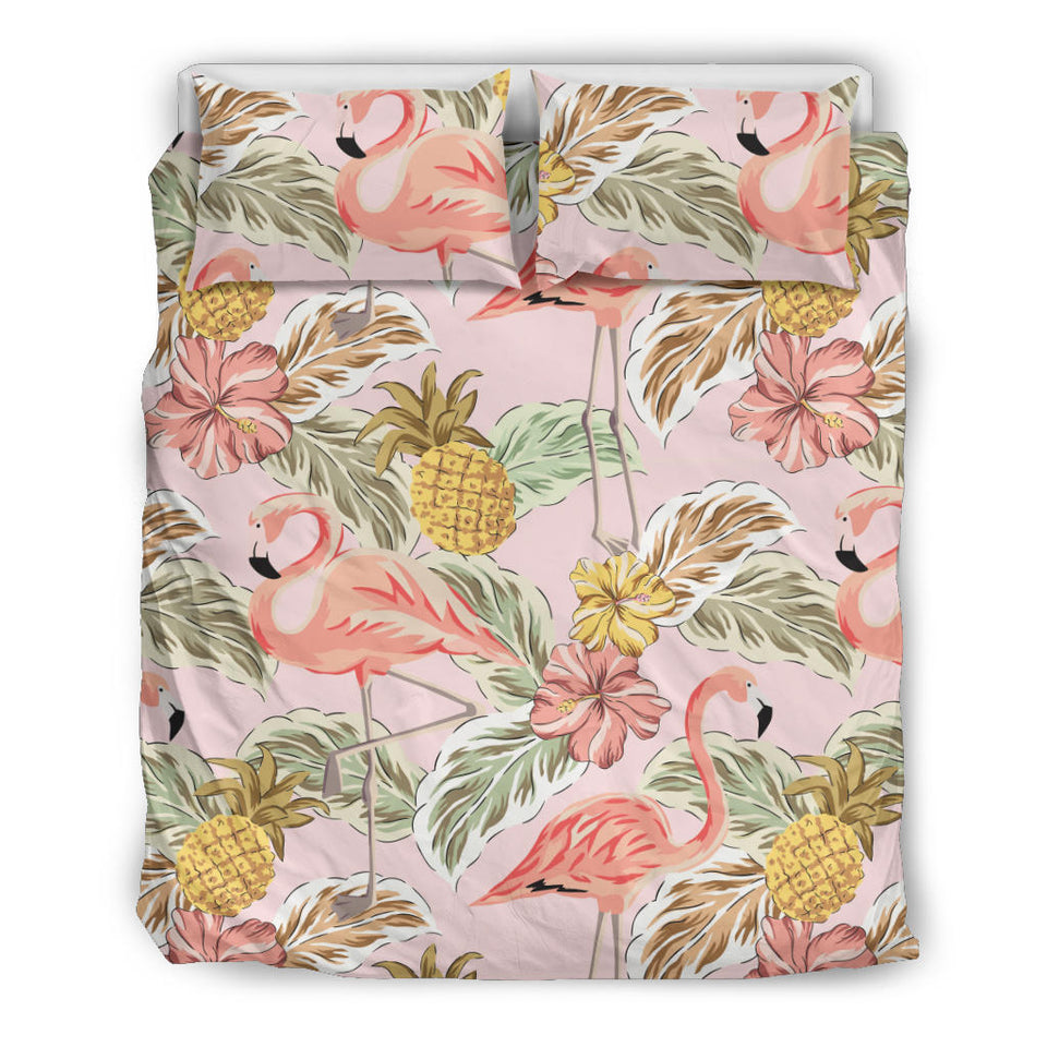 Pink Flamingo Birds Pineapples Hibiscus Flower Pattern Bedding Set