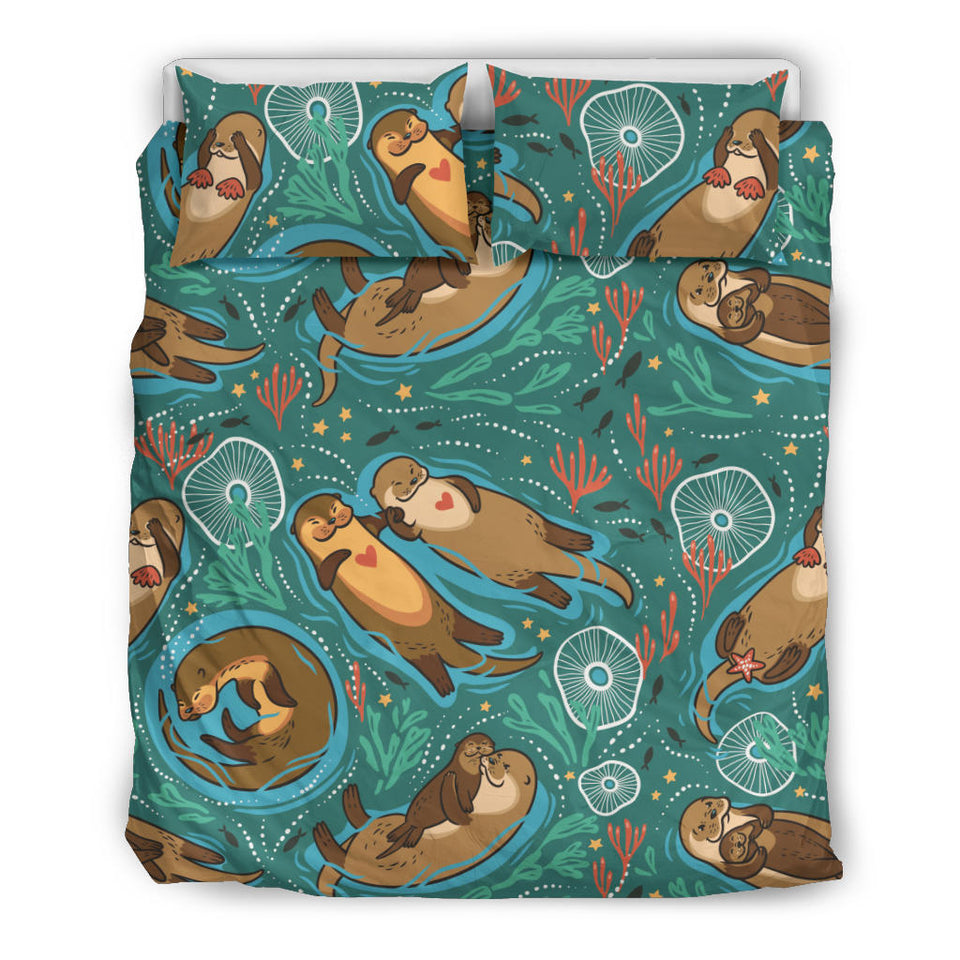 Cute Brown Sea Otters Ornamental Seaweed Corals Green Water Bedding Set