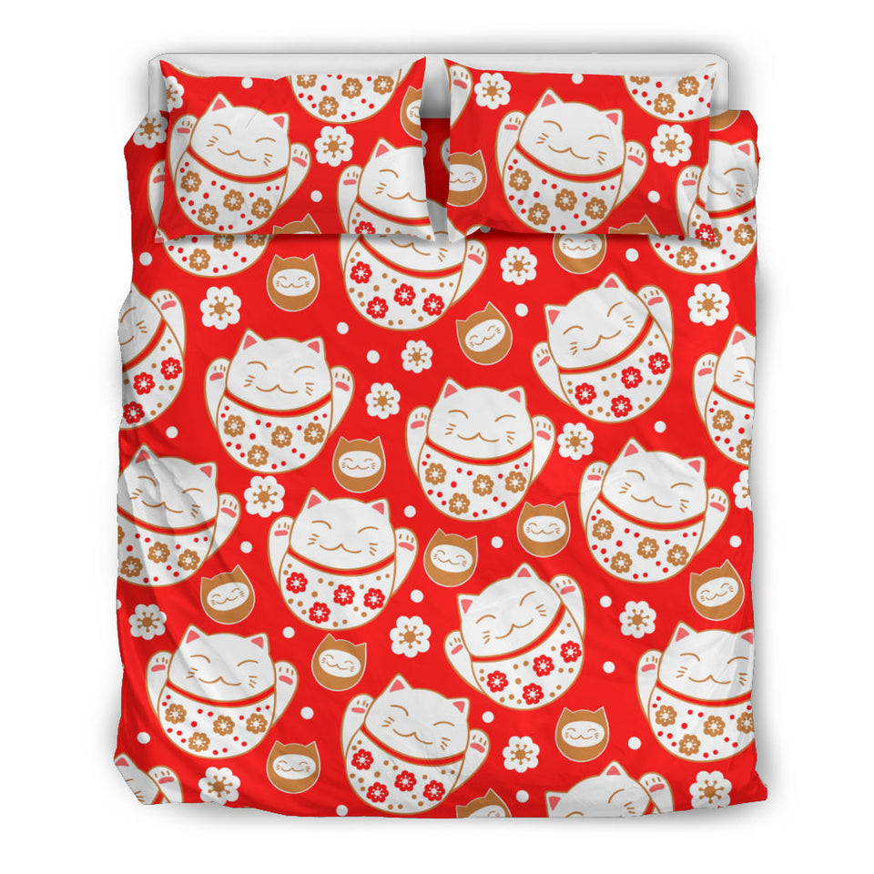 Cute Maneki Neko Lucky Cat Red Background Bedding Set