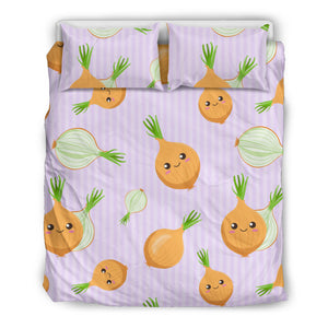 Cute Onions Smiling Faces Purple Background Bedding Set