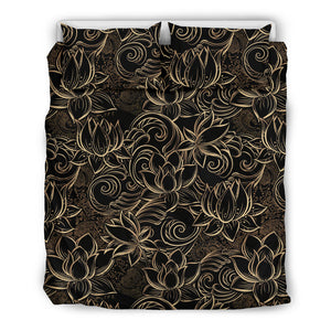 Luxurious Gold Lotus Waterlily Black Background Bedding Set