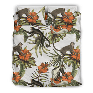 Monkey Red Hibiscus Flower Palm Leaves Floral Pattern Bedding Set