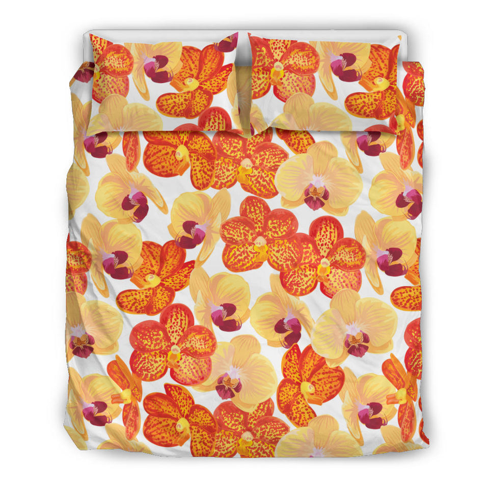 Orange Yellow Orchid Flower Pattern Background Bedding Set