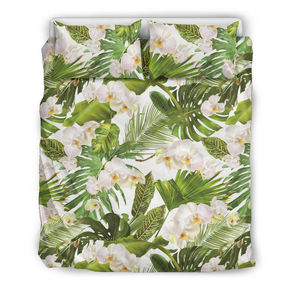 White Orchid Flower Tropical Leaves Pattern Bedding Set