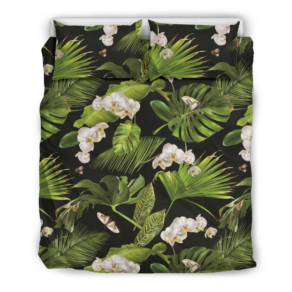 White Orchid Flower Tropical Leaves Pattern Blackground Bedding Set