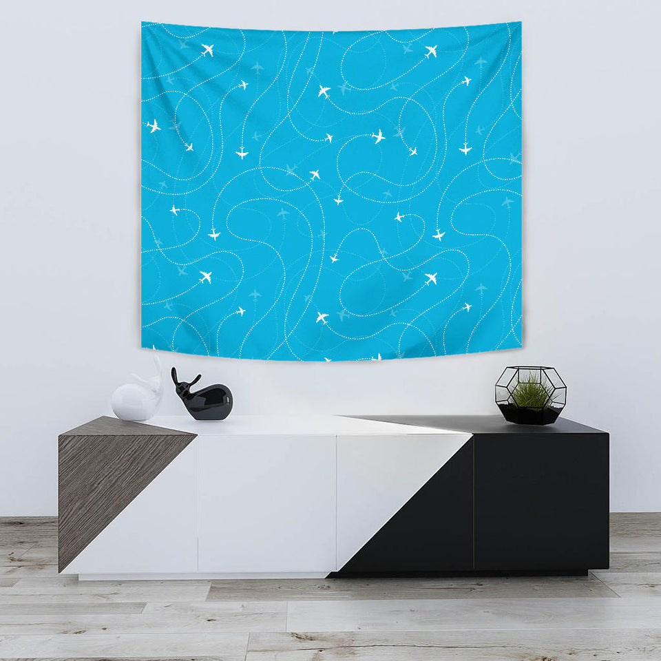 Airplane Destinations Blue Background Wall Tapestry