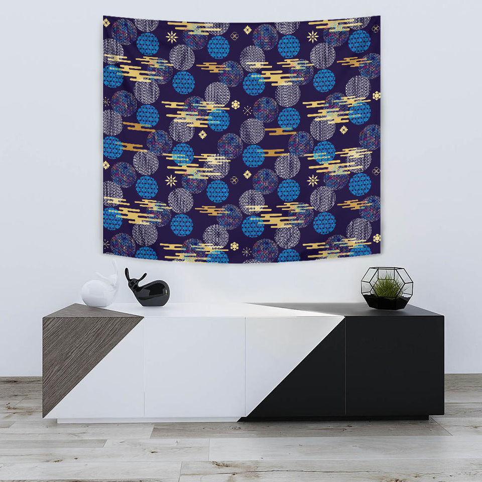 Blue Japanese Pattern Cloud Wave Flower Wall Tapestry