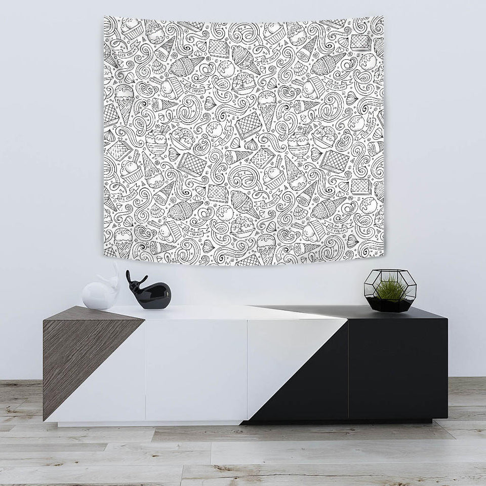 Cartoon Hand Drawn Ice Cream Black White Wall Tapestry